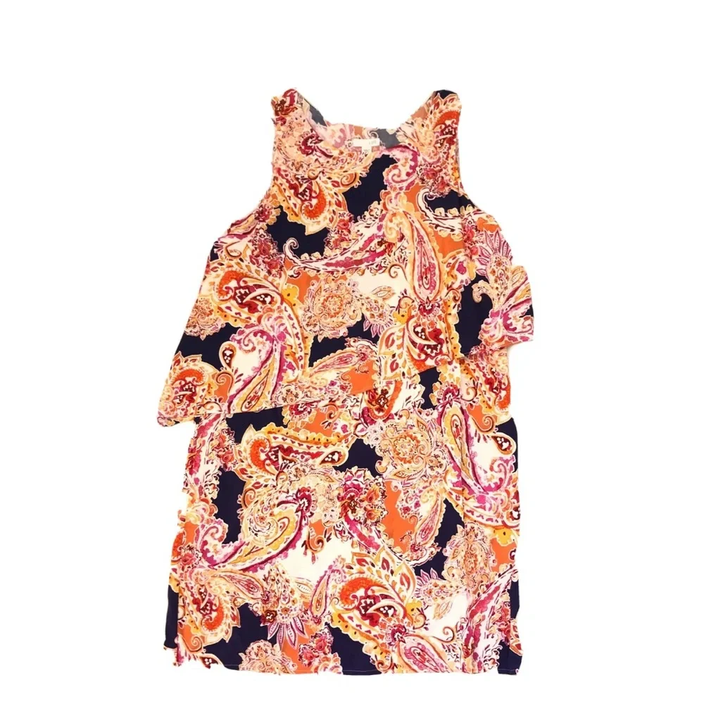 J. Jill Paisley Floral Tiered Dress SizeS Sleeveless Orange Colorful Stretch - Picture 2 of 13